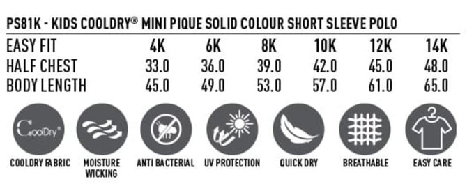 A chart displaying sizing information for Kids' Cooldry Pique Solid Colour Short Sleeve Polo shirts in various sizes.