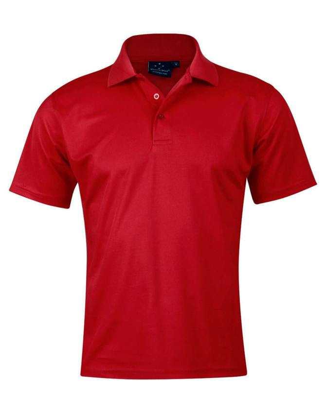 A red short-sleeved polo shirt made from Cooldry pique fabric, featuring a collar and a logo.