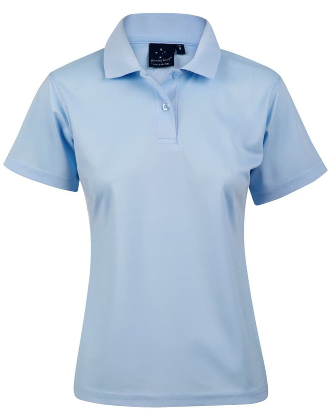 A light blue ladies' polo shirt with a collar, short sleeves, and a logo on the label.