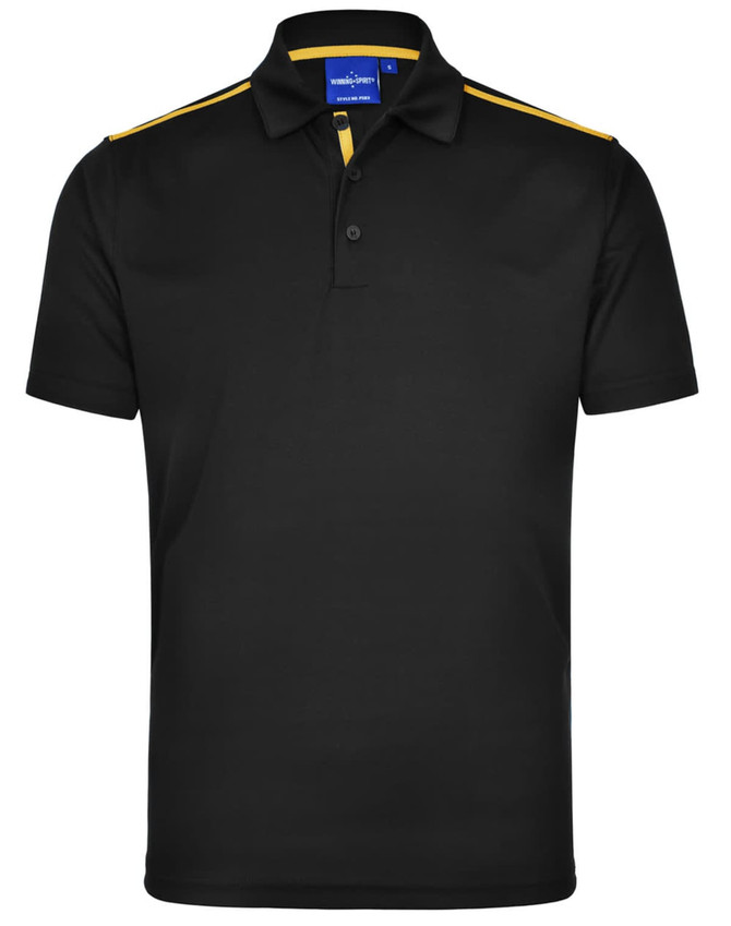 A black short sleeve polo shirt with yellow contrast detailing and a logo on the chest.