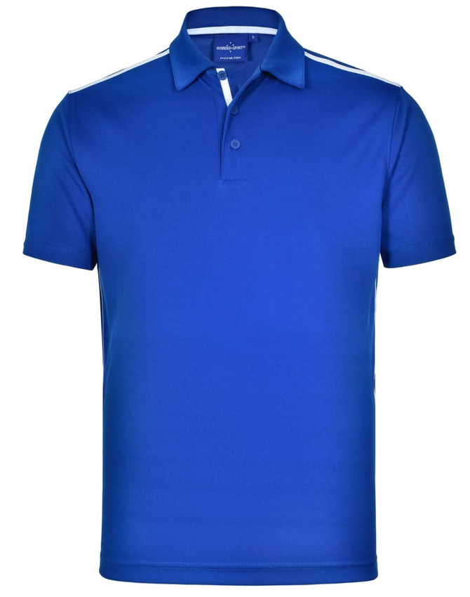 A blue short sleeve polo shirt with contrast detailing and a logo on the chest.