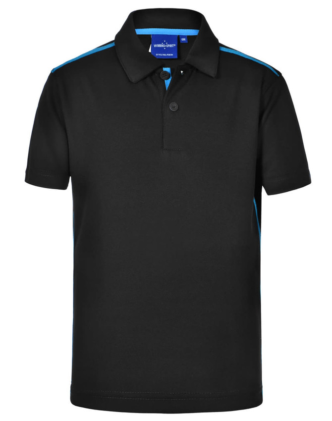 A black polo shirt with contrast blue detailing, featuring a collar and two buttons, and a logo on the label.