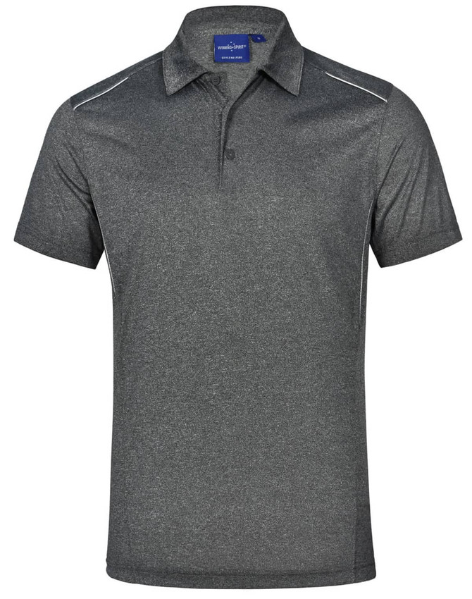 A grey short sleeve polo shirt with a subtle pattern and a logo on the collar.