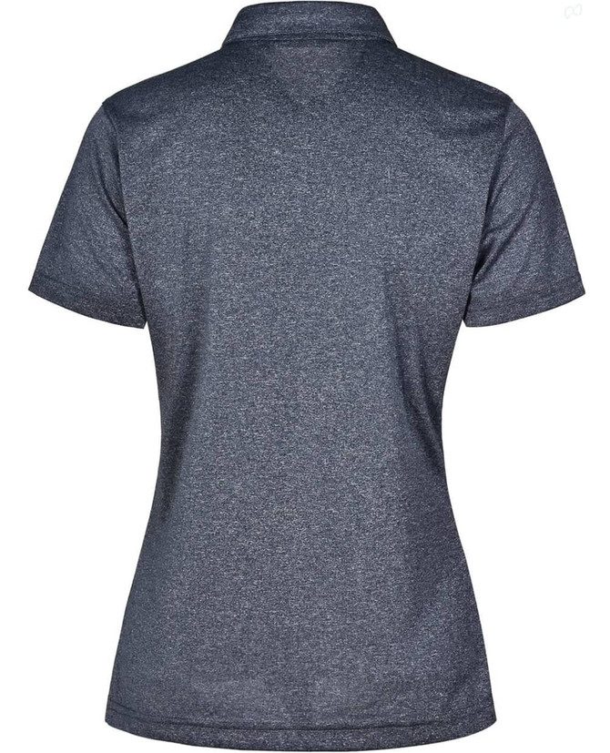 A dark grey short sleeve polo shirt with a smooth texture and a logo on the back.