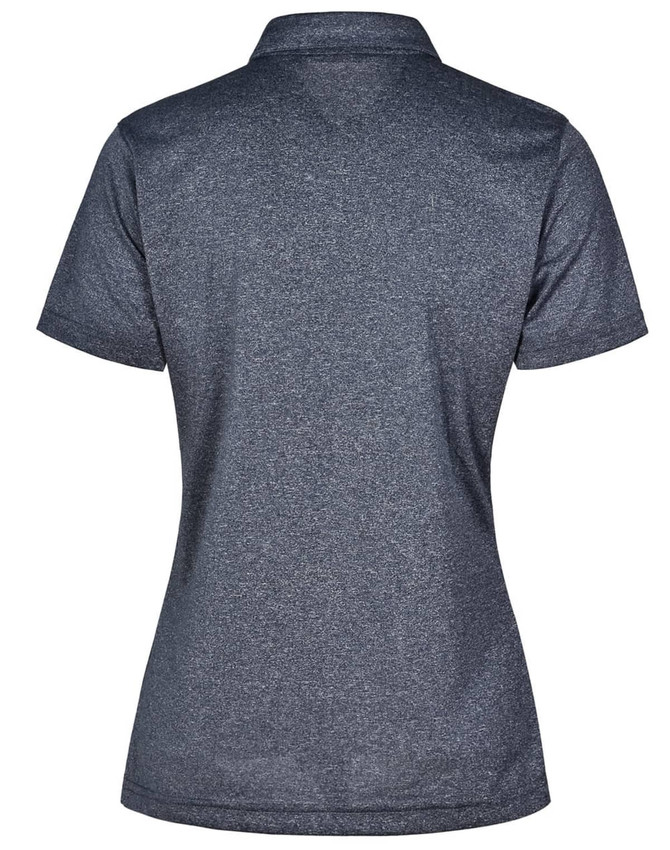 A dark grey short sleeve polo shirt with a smooth texture and a logo on the back.