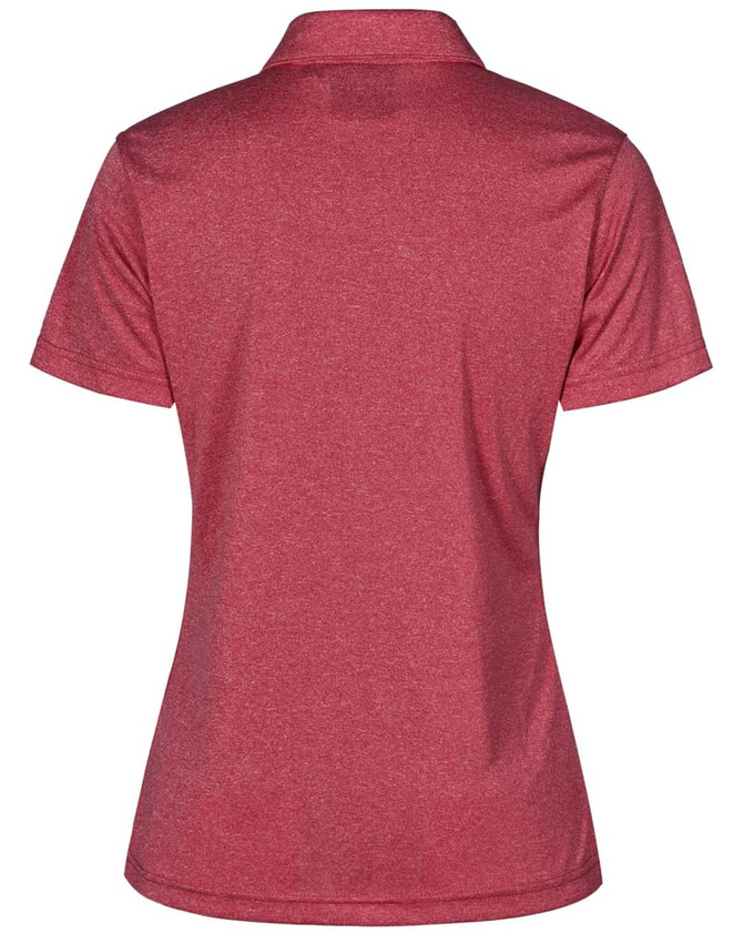 A red short sleeve polo shirt with a collar and a logo on the back.