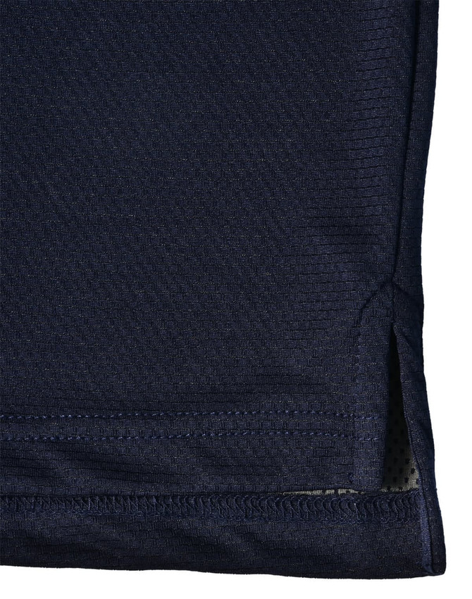A navy blue men's bamboo charcoal polo shirt, featuring a hem with side slits and a logo.