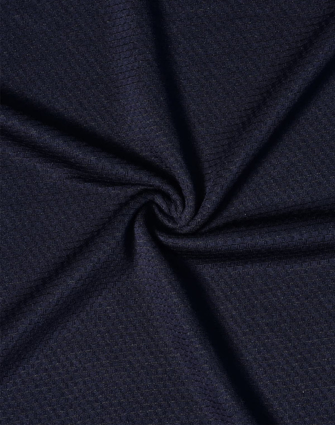 Navy blue fabric with a textured pattern, featuring a subtle sheen and a swirl design.