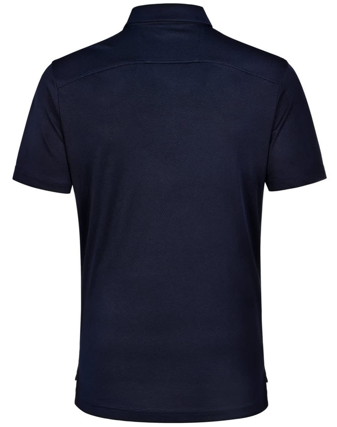 A navy blue men's polo shirt featuring a collared design and a logo on the front.
