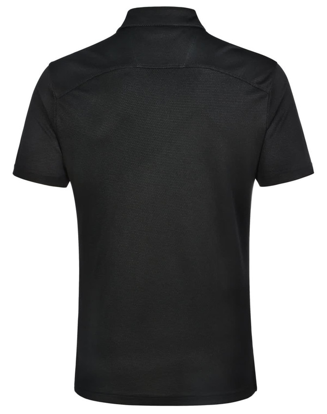 A black men's polo shirt with a collar, featuring a detailed back design and a logo.