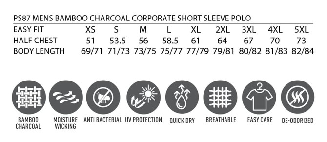 A grey men's short sleeve polo shirt made from bamboo charcoal, featuring a logo and various size options.