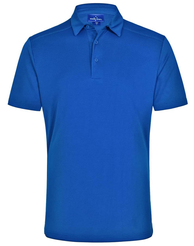 A blue men's bamboo charcoal polo shirt featuring a collar and a logo.