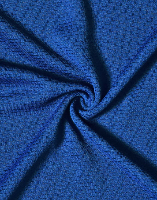 A blue bamboo charcoal fabric with a textured surface, ideal for polo shirts. Features a logo.