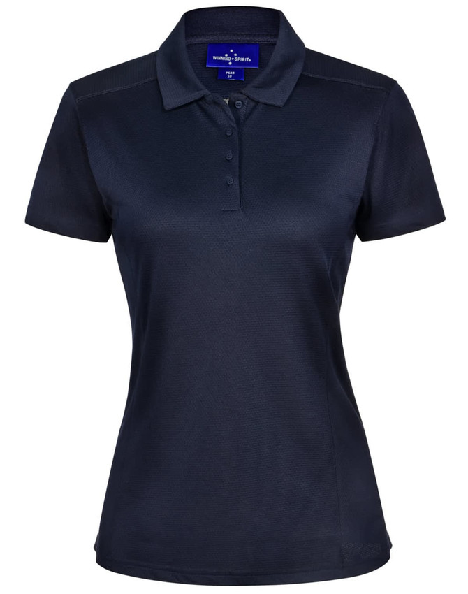 A navy blue women's polo shirt with a collared neckline, short sleeves, and a logo.