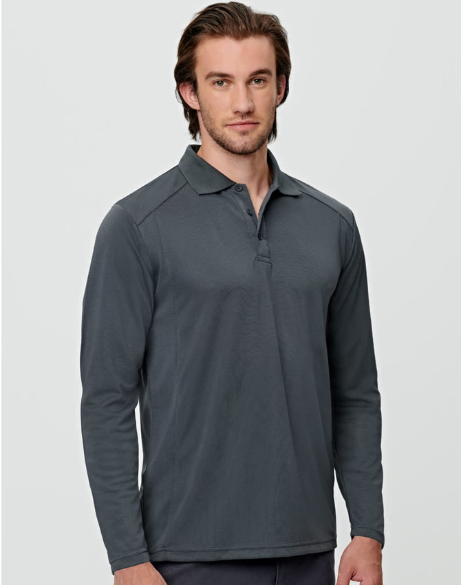 A long-sleeve polo shirt in dark grey, featuring a collar and a logo on the chest.