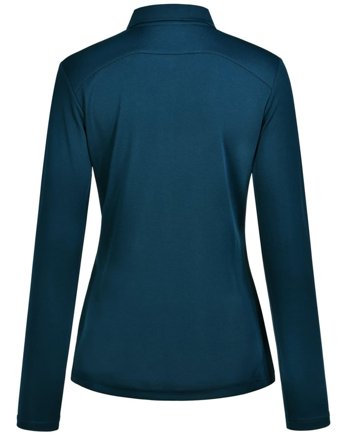 A women's long sleeve polo shirt in a deep teal colour, featuring a back view with a sleek design and a collar.