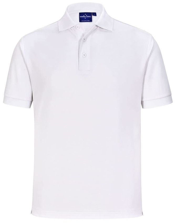 A white men's sustainable poly/cotton short-sleeve polo shirt featuring a collar and buttons, with a logo on the chest.