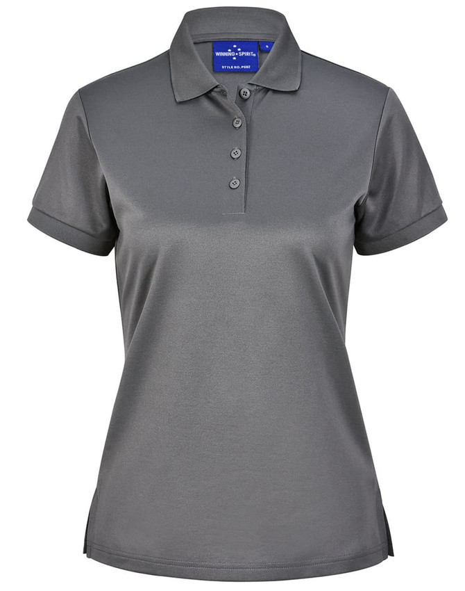 A grey ladies' short-sleeve polo shirt made from sustainable poly/cotton, featuring a collar and buttons, with a logo.