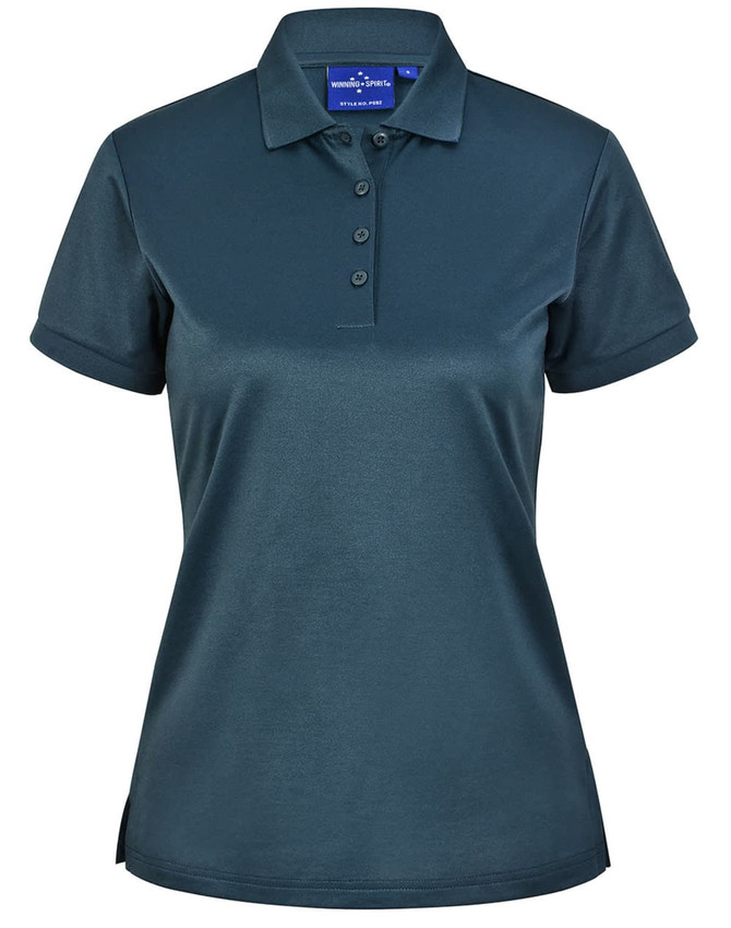 A dark teal polo shirt with a collar, short sleeves, and a three-button placket. It features a branding logo.