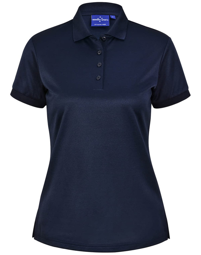 A ladies' short-sleeve polo shirt in navy, featuring a collar, buttons, and a logo. Made from sustainable poly/cotton.