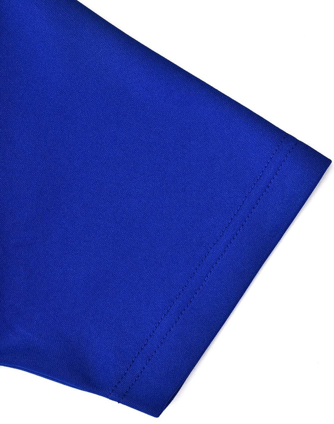 A vibrant blue sleeve of a polo shirt made from sustainable poly/cotton fabric, featuring contrasting details.