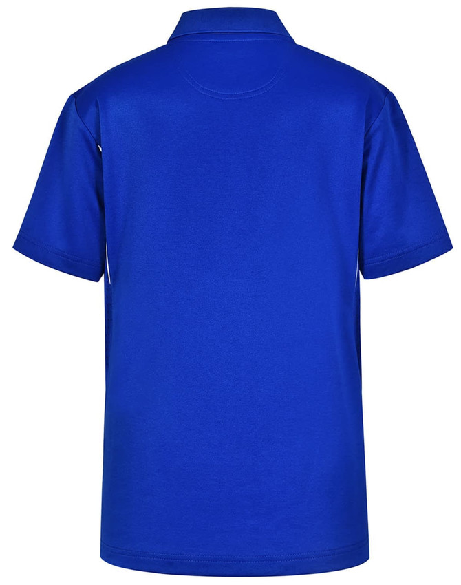A blue kids' polo shirt with short sleeves and a collar, featuring a logo on the back.