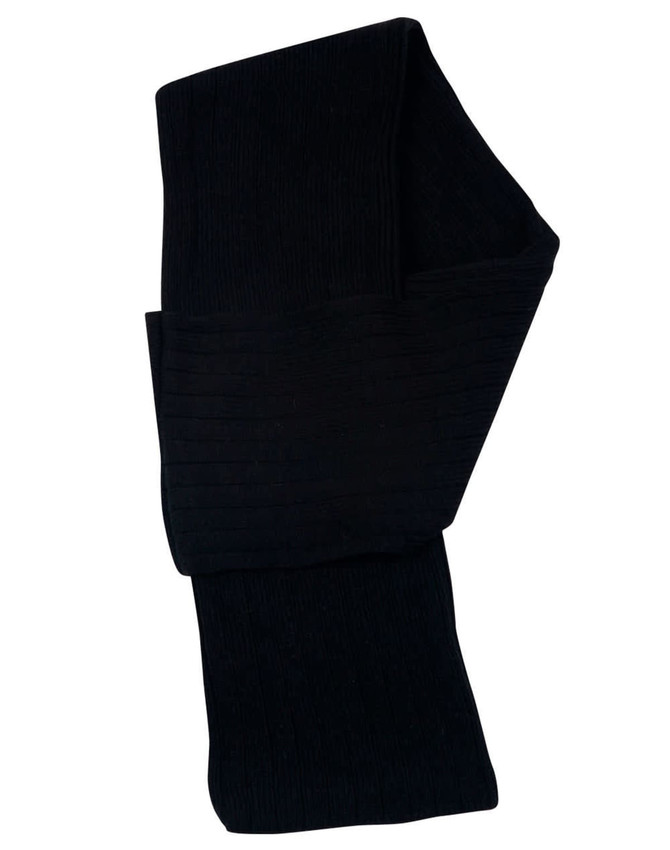 A black cable knit scarf with a textured design, made from acrylic material. It features a cable row detail.
