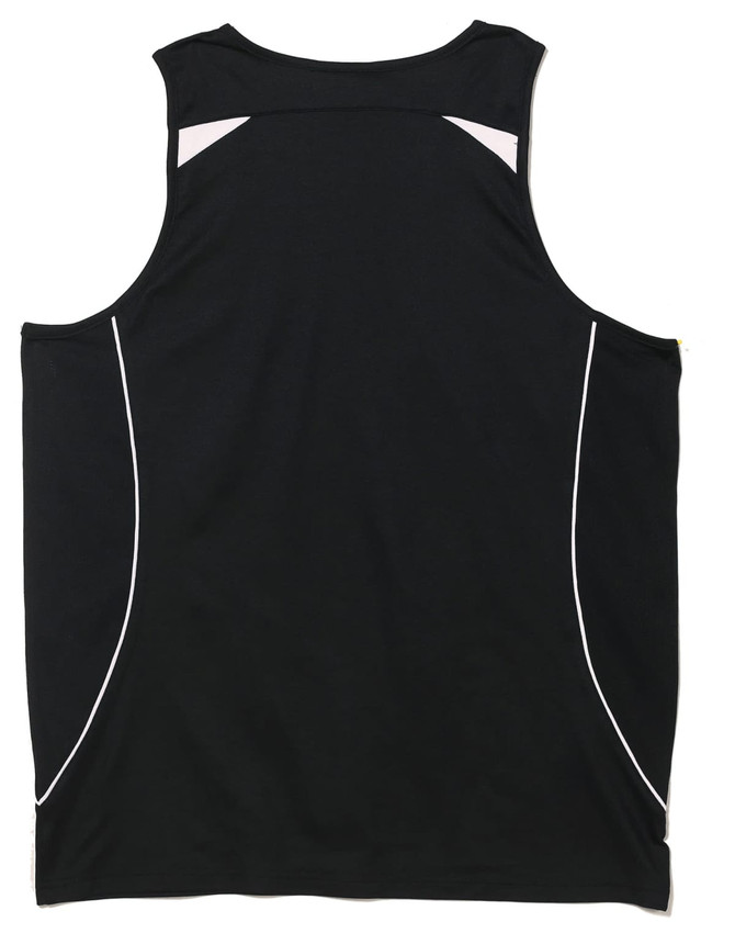 A black men's singlet featuring white accents and a logo. Ideal for fashion and active wear.