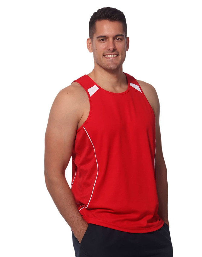 A red men's singlet featuring white accents, designed for fashion and comfort, with a logo present.