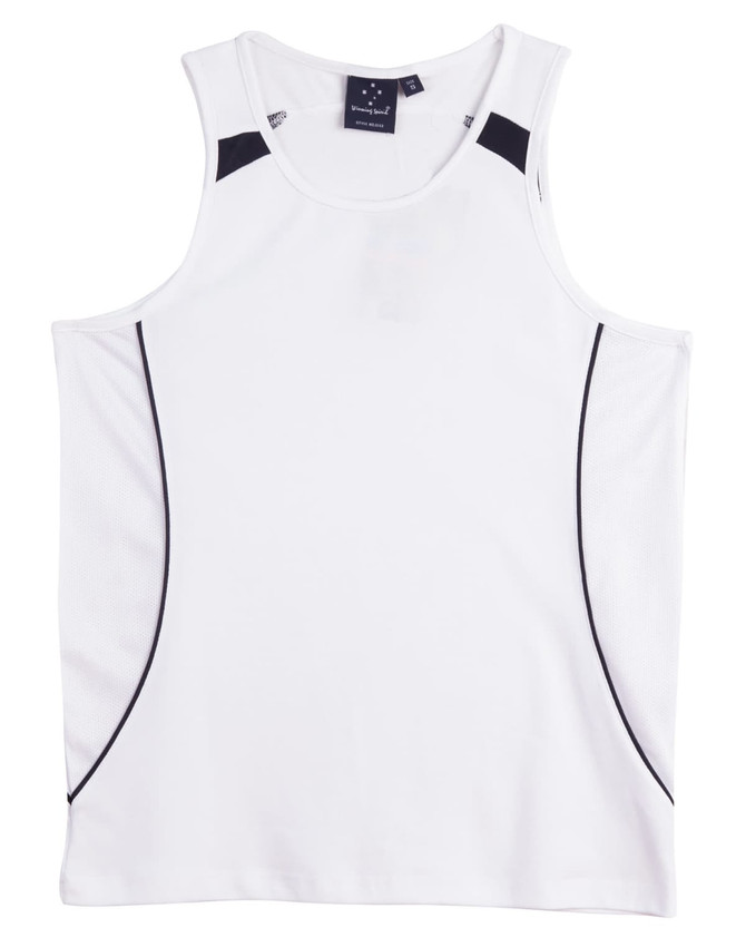 A white men's singlet featuring black accents and a logo. Designed for comfort and style in activewear.