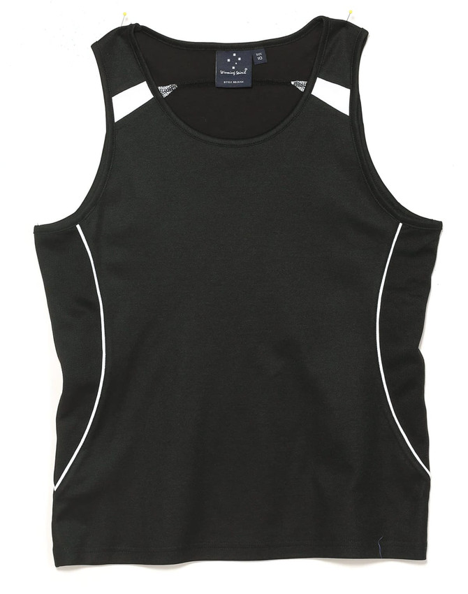 A black ladies' singlet with white accents and a logo, designed for casual or active wear.
