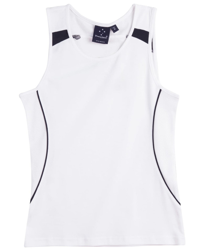 A white ladies' singlet featuring mesh panels and a logo. Designed for fashion and comfort.