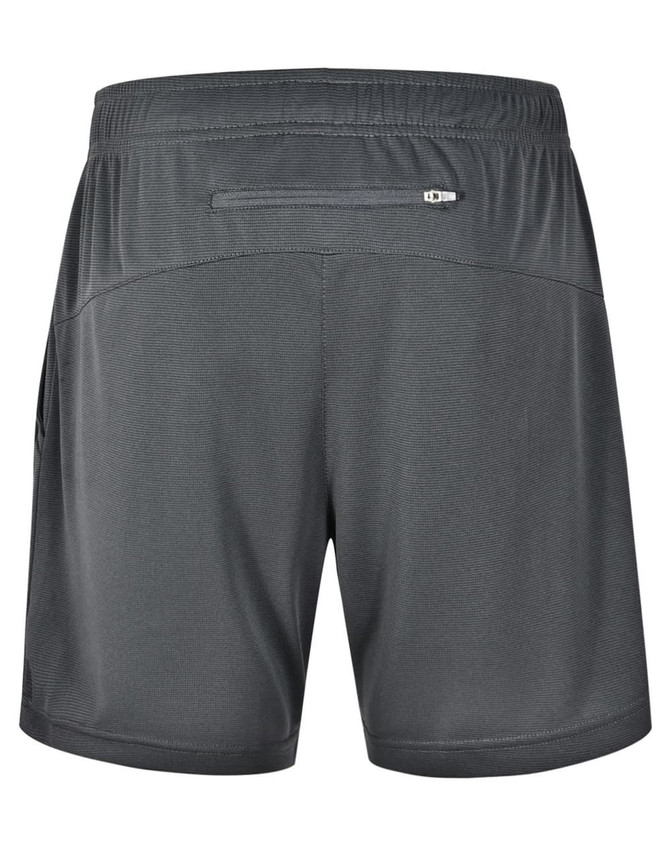 A pair of grey sports shorts featuring a back pocket and a logo on the side.
