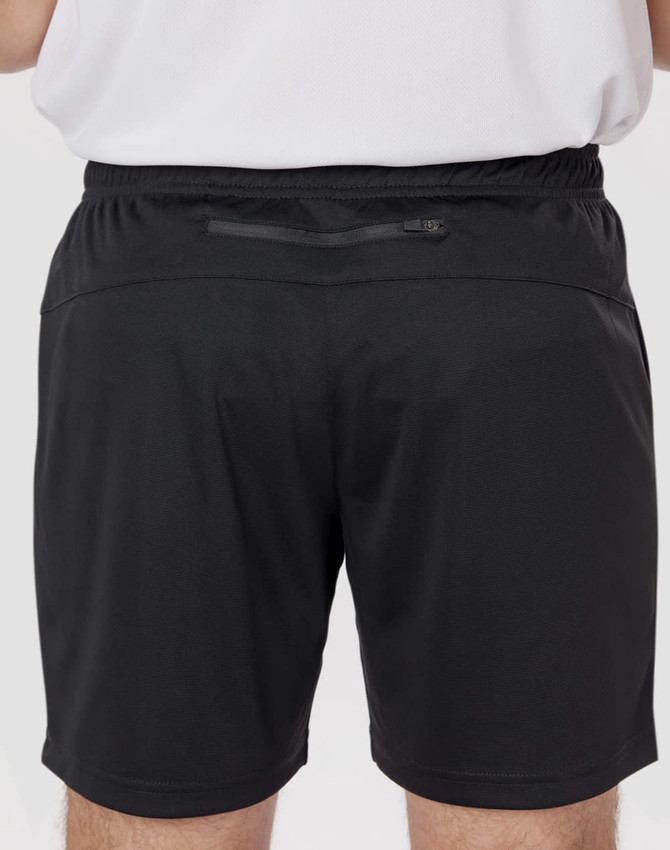 Black sports shorts made of bamboo charcoal, featuring a back pocket and elastic waistband. Includes a logo.