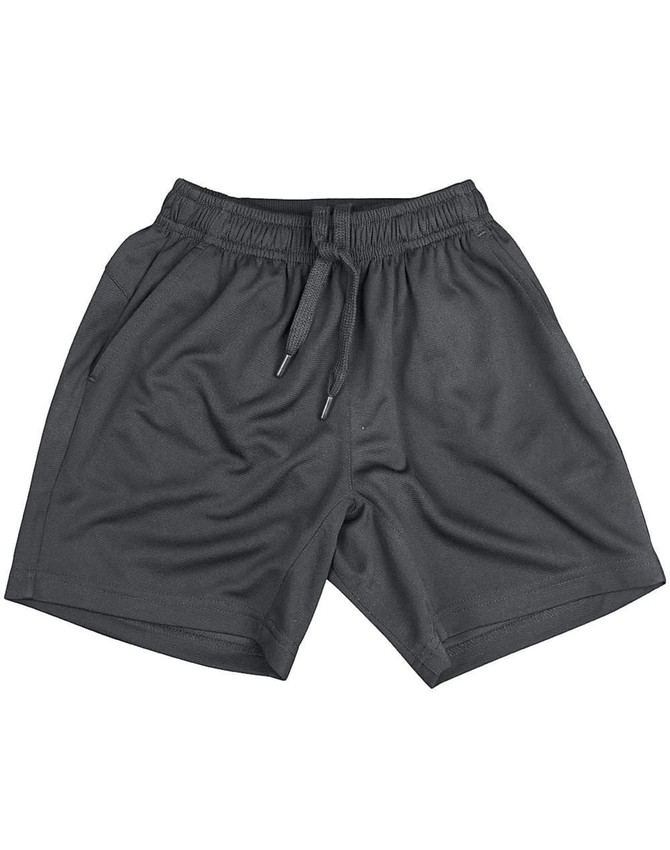 Bamboo charcoal sports shorts in black, featuring an elastic waistband and side pockets. Suitable for kids.