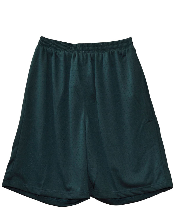 Dark green kid's basketball shorts made from lightweight fabric, featuring an elastic waistband and a logo.