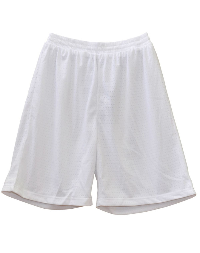 White kid's basketball shorts with a breathable mesh fabric and an elastic waistband. Features a logo.