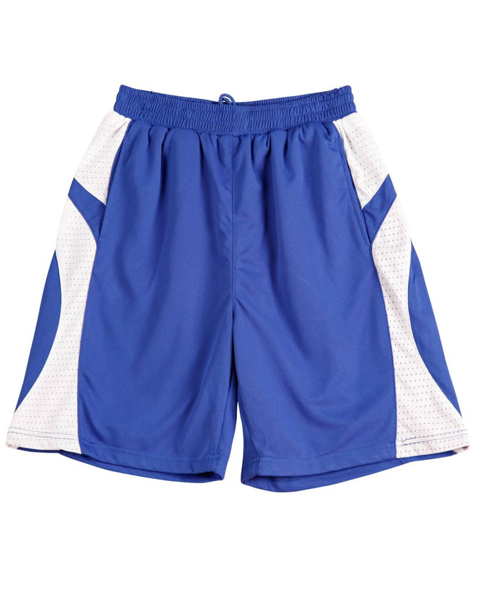 Blue basketball shorts with white mesh panels and an elastic waistband. The shorts feature a logo.