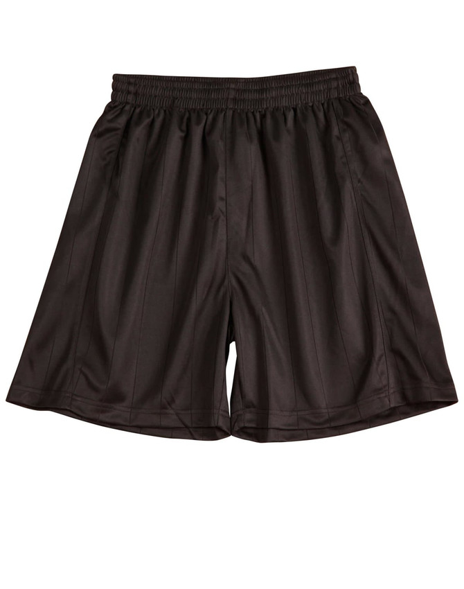 Black adults' soccer shorts with an elastic waistband and a pinstripe design. Features a logo on the side.