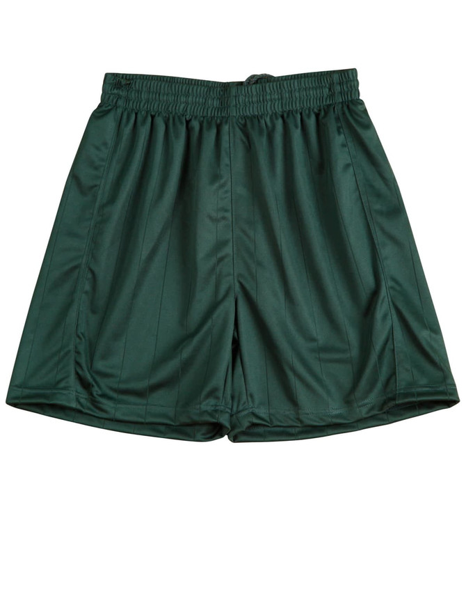 Dark green adults' soccer shorts with an elastic waistband and a logo. Ideal for sports uniforms.