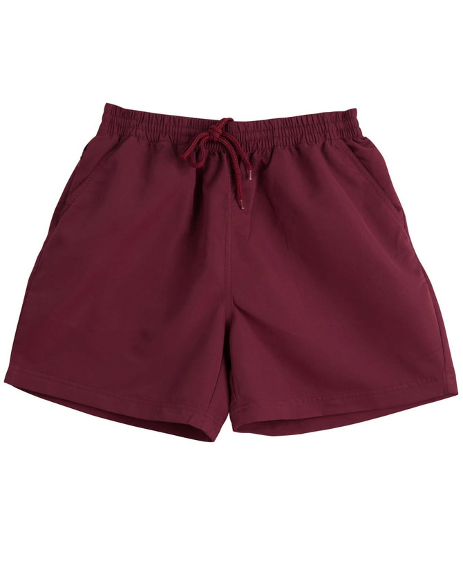 Burgundy kids' microfibre shorts with an elastic waistband and drawstring. Features side pockets and a branding logo.
