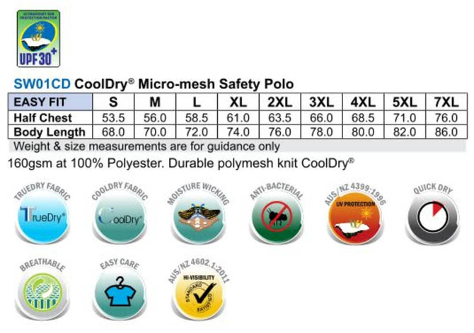 A micro-mesh safety polo in hi-vis yellow with a logo, featuring various size measurements.