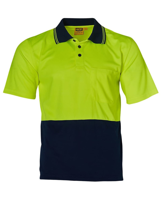 A short-sleeved polo shirt in hi-vis yellow and navy blue, featuring a collar and a pocket, with a logo.