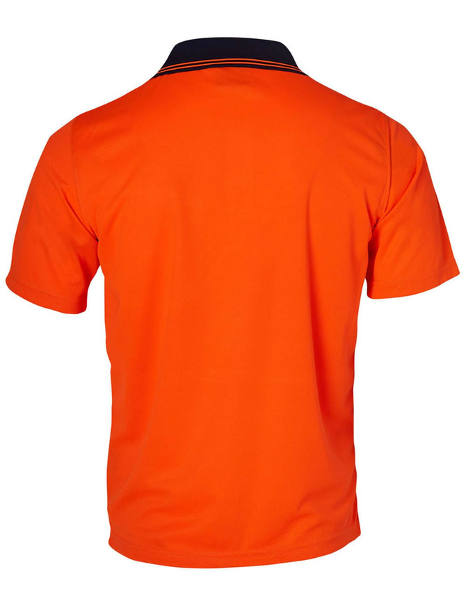 An orange short-sleeved polo shirt with a navy collar, featuring a logo.