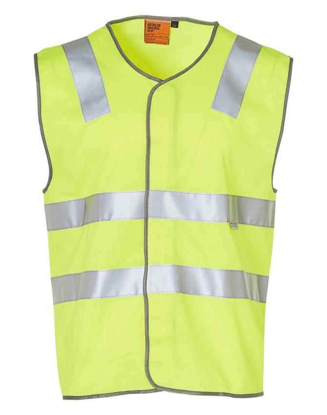 A high-visibility yellow safety vest with reflective silver tape stripes and a branding logo.