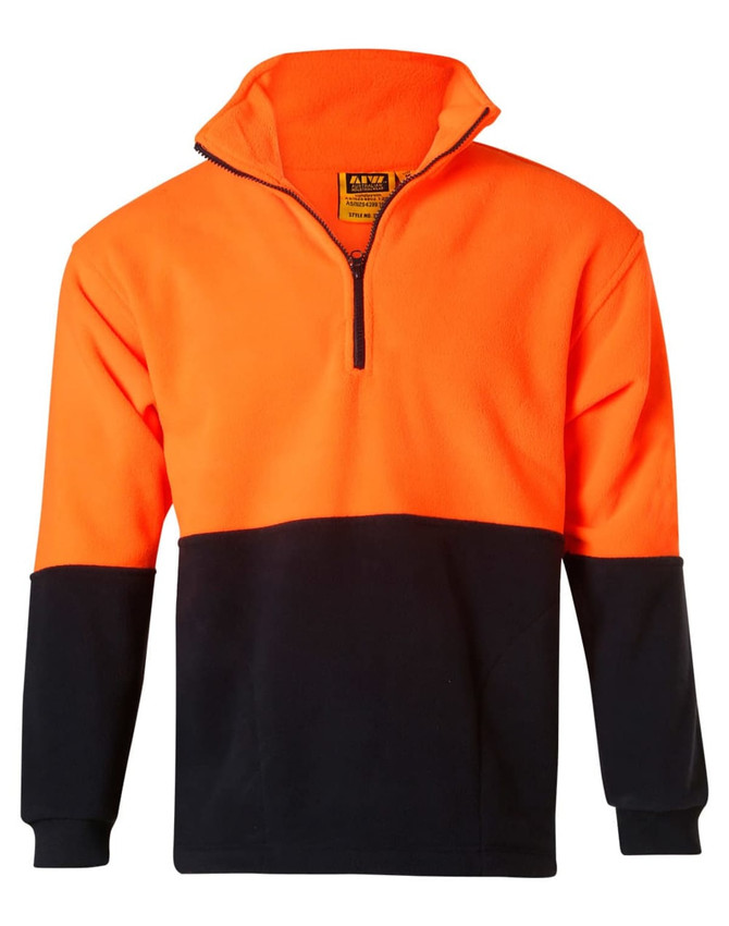 A Hi-Vis polar fleece half zip pullover in bright orange and black, featuring a zip collar and long sleeves.