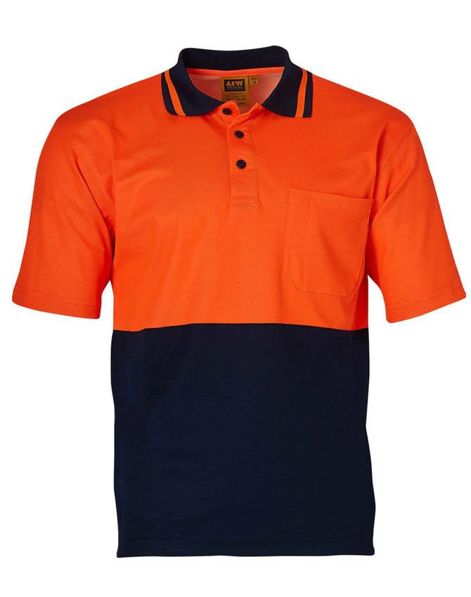 A short-sleeved safety polo in high-visibility orange and navy blue, featuring a pocket and branding.