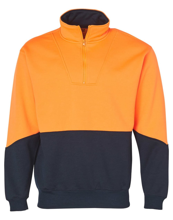 A Hi-Vis long sleeve windcheater collar in bright orange and navy, featuring a zip and a logo.