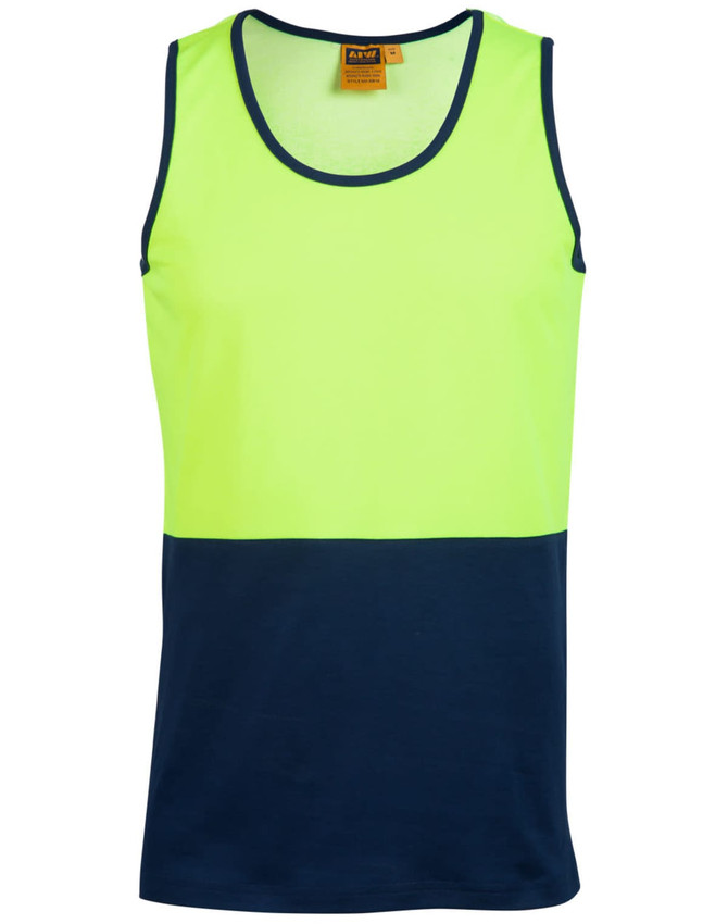 A Hi-Vis safety singlet featuring a bright yellow upper section and a navy blue lower section, with a tag inside.