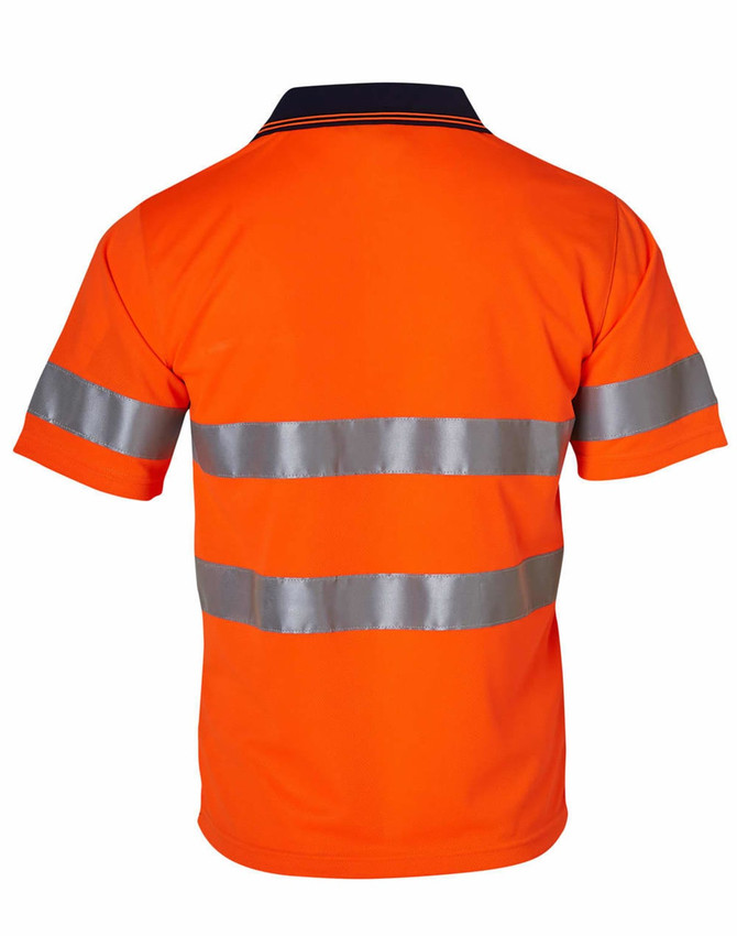 An orange short-sleeve safety polo shirt featuring reflective 3M tape stripes. The shirt has a navy collar and branding.